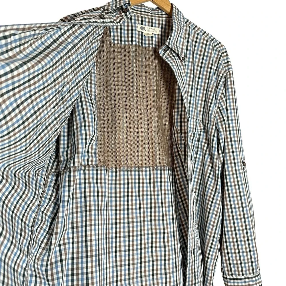 Onward‎ Reserve XL Gingham Shirt Blue Brown Plaid Outdoor Vented Fishing Cotton